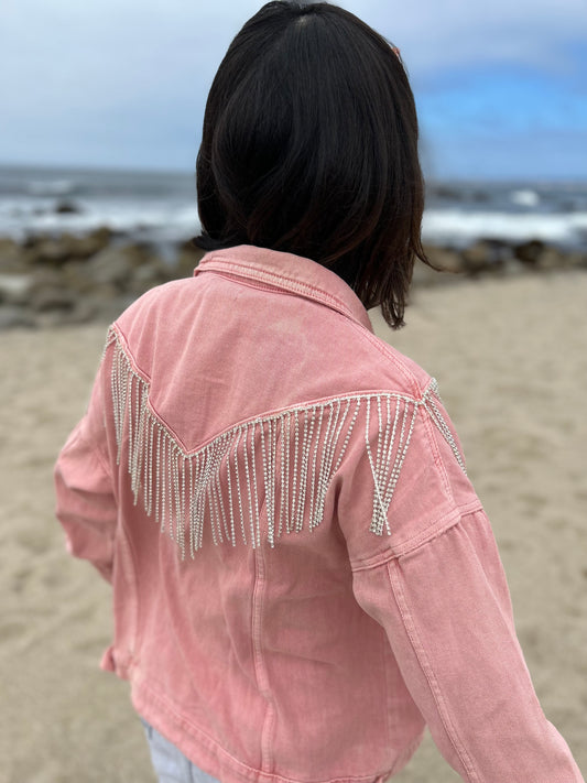 Pink Rhinestone Fringe Oversize Denim Jacket