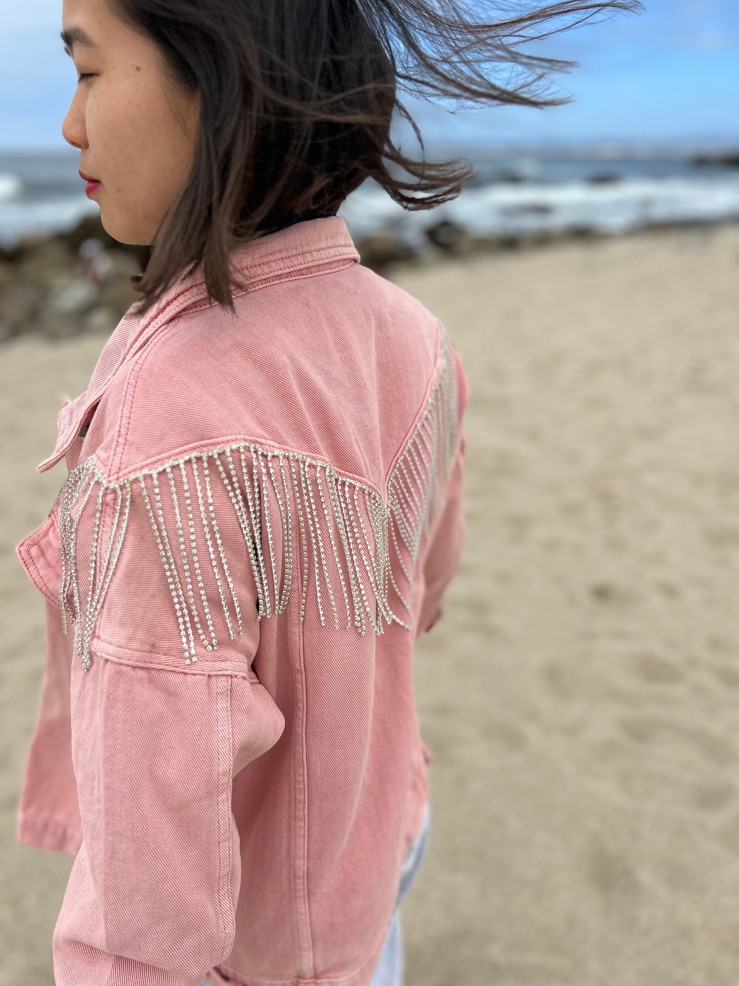 Pink Rhinestone Fringe Oversize Denim Jacket