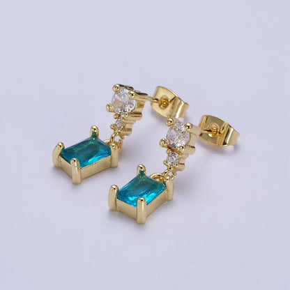 Aqua Blue Baguette Dangle Drop Stud Earrings