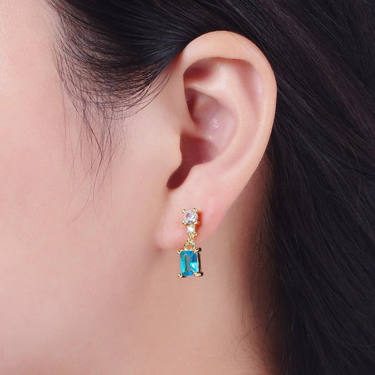 Aqua Blue Baguette Dangle Drop Stud Earrings