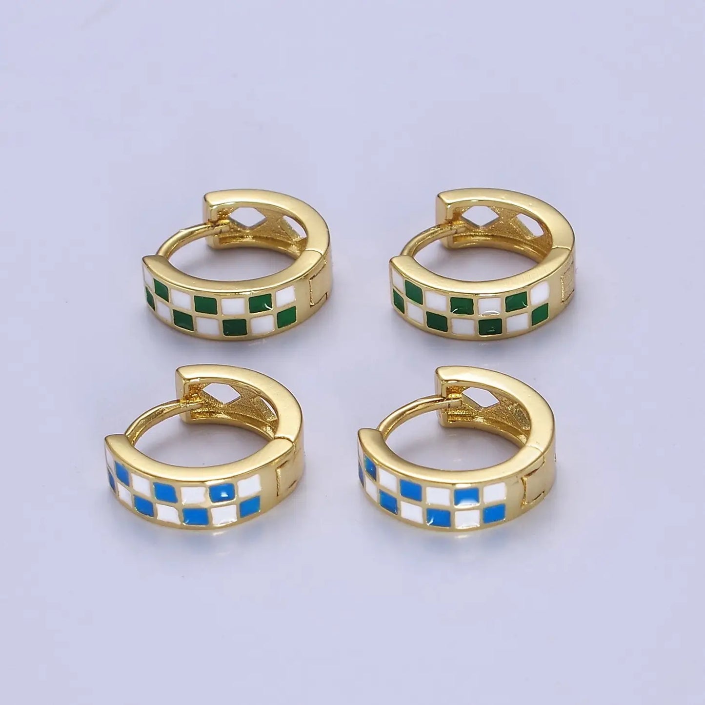 Enamel Checker Hoop Earrings Retro Gold