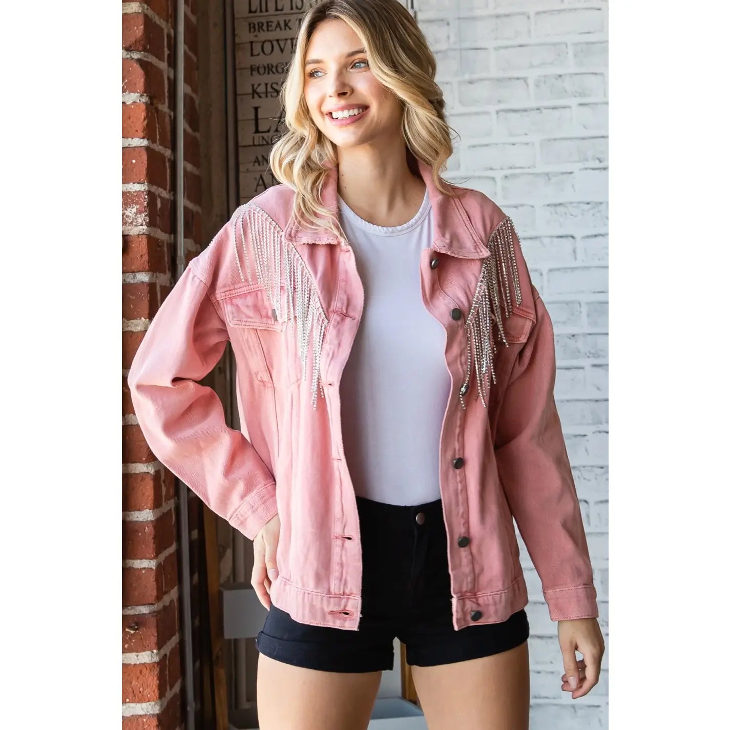 Pink Rhinestone Fringe Oversize Denim Jacket