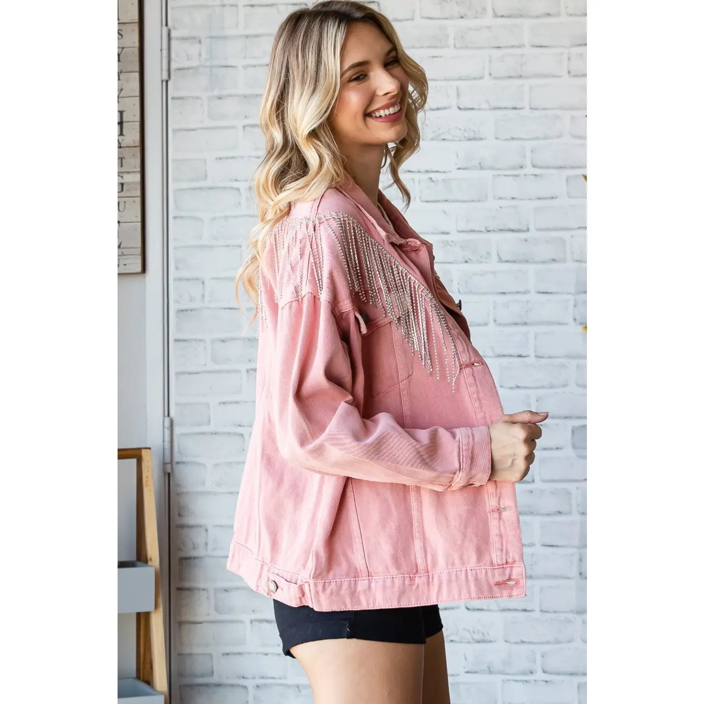 Pink Rhinestone Fringe Oversize Denim Jacket