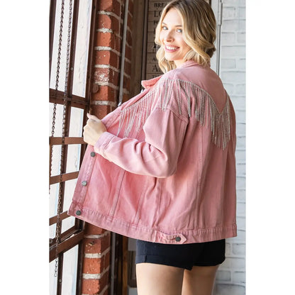 Pink Rhinestone Fringe Oversize Denim Jacket